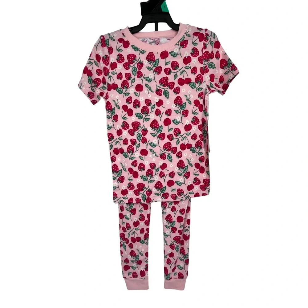 Pink‎ Strawberry Cherry Print Pajamas Girls 5T Snug Fit 2pc Set Springtime Cute